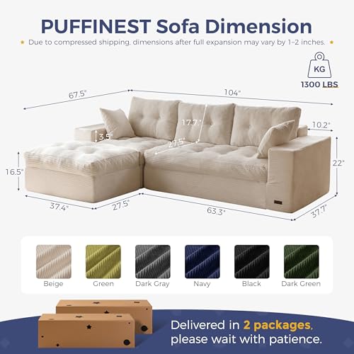 Image of MAXYOYO 104 inch L Shaped Modular Sectional Sofa with Ottoman, Cloud Boneless Couch with Layered Cushion, Upholstered Sofa Flexible Module Combination for Living Room, No Assembly, Beige