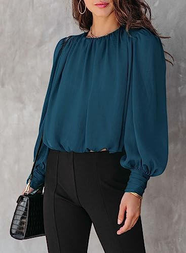 Dokotoo Women's Tops Blouses for Women Casual Long Sleeve Shirts Crew Neck Bohemian Solid Color Spring Work Business3