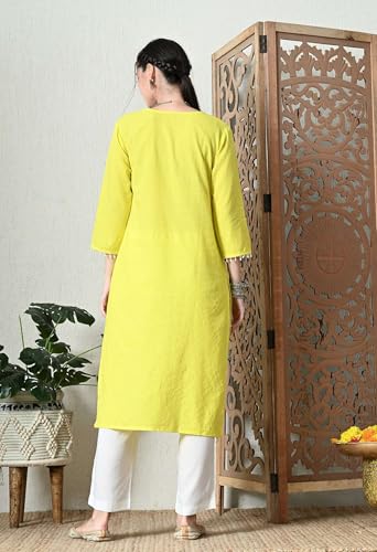 Image of Amazon Brand - Tavasya Women Cotton Katha Straight Regular Fit Kurta | Solid Ethnic Kurti | 3 /4 Sleeve Casual & Office Wear |Kurta for Women
