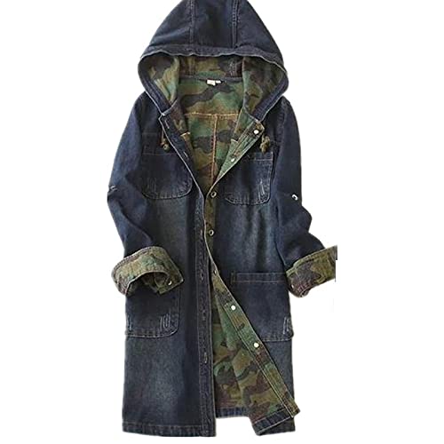 FBYDLL Damen Lange Jeansjacke Einreihiger Kapuzen-Jeansmantel, Camouflage...