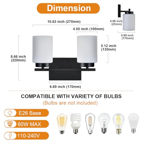 Image of 2 Light Matte Black Bathroom Light Fixtures, Indoor Modern Vanity Light Over Mirror Wall Sconces with Milky White Frosted Glass Shades for Bedroom Hallway Gallery