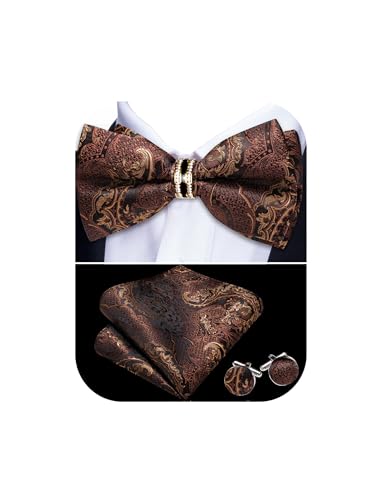 Image of YOHOWA Mens Bow Tie Set Paisley Pre-tied Bowties Adjustable with Handkerchief Cufflinks Gold Ring Set Wedding Prom Party