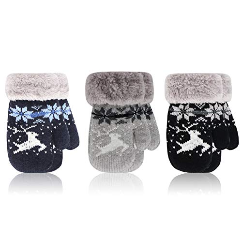 ORVINNER 3 Pairs Baby Toddler Winter Mittens Kids Warm Sherpa Lined Mittens Thicken Knit Gloves for Boys Girls (Black/Navy/Grey -Christmas deer)