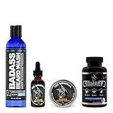 Badass Beard Care Growth Kit for Men Consists of Beard Oil, Balm or Wax, Beard Wash & The Bearded Mans Multivitamin - Natural Ingredients & Keeps Beard Full, Soft and Healthy