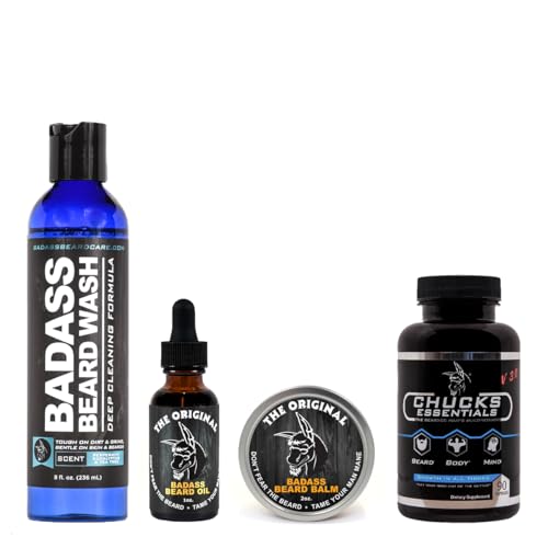 Badass Beard Care Growth Kit for Men Consists of Beard Oil, Balm or Wax, Beard Wash & The Bearded Mans Multivitamin - Natural Ingredients & Keeps Beard Full, Soft and Healthy