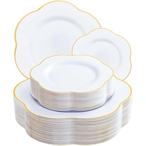 Liacere 100PCS White Plastic Plates - Heavy Duty Disposable - Include 100PCS White Plates for Baby Shower & Party & Wedding & Spring