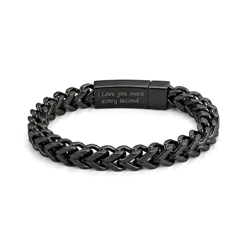 Chunky Engraved Black Bracelet for Men Custom Personalized Stainless Steel Mens Jewelry Fashion Romantic Birthday Anniversary Valentine Gifts for Husband Dad Son FatherI love you more every second