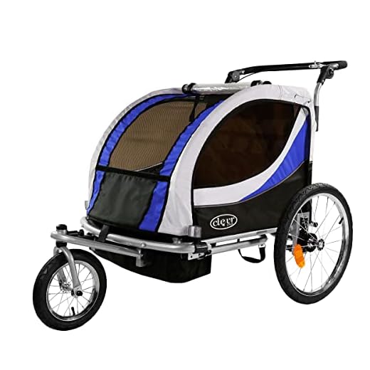 ClevrPlus Deluxe 3-in-1 Double 2 Seat Bicycle Bike Trailer Jogger Stroller for Kids Children | Foldable w/Pivot Front Wheel, Blue