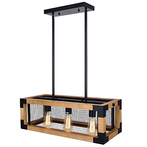 Lingkai Vintage En Bois Plafonnier Industriel Lustres Réglable Suspension Rétro E27 Éclairage de plafond pour Salle À Manger Chambre Salon Cuisine Bar Restaurant