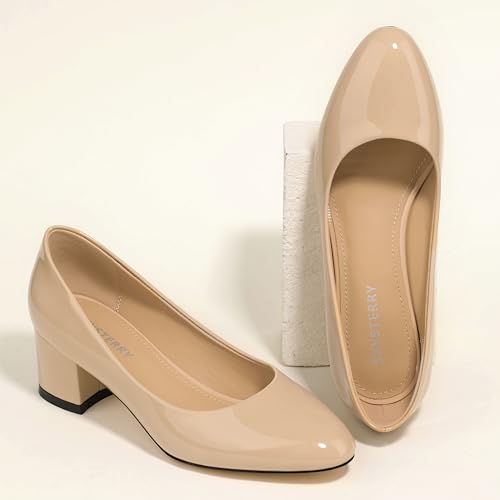 Image of SKYSTERRY Women's Low Heel Dress Pumps Shoes 2 Inch | Low Chunky Block Heel Pumps, Closed Round Toe Heels, Patent Leather Office Work Wedding Pumps Shoes