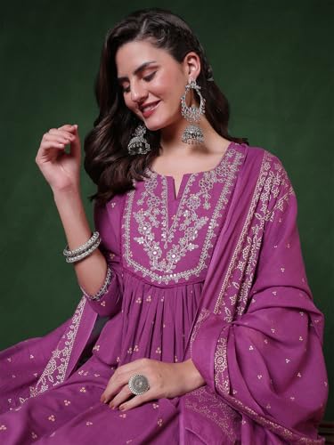 Image of PARTHVI Women's 100% Pure Cotton Anarkali Kurta Set with Pant & Dupatta | Embroidered Flared Kurta | Elegant Ethnic Suit