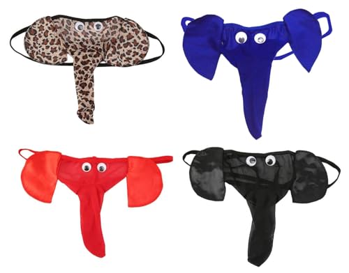 CCBFY 4-Pack Men Lingerie G-String T-Back Thongs Underwear Elephant Pants Briefs Bottom 4 Piece Set (Black Blue Red Leopard)