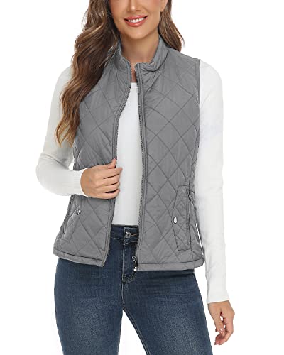 YESLIFE 2025 Light Grey Women's Outwear Quilted Vest With One Inside Pocket - Stand Collar Lightweight Padded Gilet for Women M