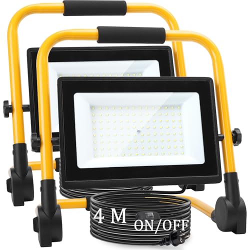 Aigostar Foco de Trabajo LED 100W,2 piezas,9000LM,Foco Portátil con Cable de 4M,Enchufes Con Interruptor Estanco,IP65 Impermeable,Soporte plegable,Uso en Interior y Exterior,para Obra, Taller,6500K