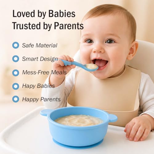 Image of Silicone Baby Feeding Bowl and Spoon Set with Suction Base, BPA-Free, Non-Slip, Safe for Infants and Toddlers Mealtime Blue