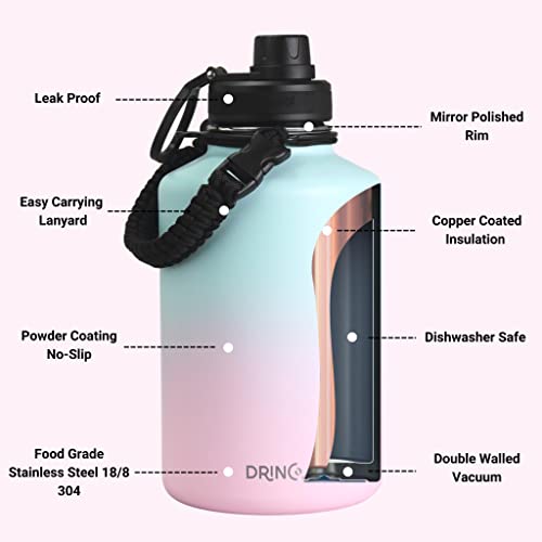 Image of Drinco Stainless Steel Water Bottle Spout Lid Vacuum Insulated Double Wall Water Bottle Wide Mouth Leak Proof Keep Cold Sport Camping Hiking (64oz Macaron)