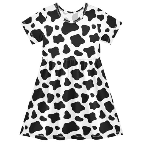 ALAZA Black White Cow Print Toddler Girls Dress Short Sleeve A-line Dress 2-8 Years