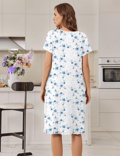 Image of Ekouaer Nightgowns for Women with Pockets Button Front Short Sleeve House Dresses Floral Print Mumu Dress