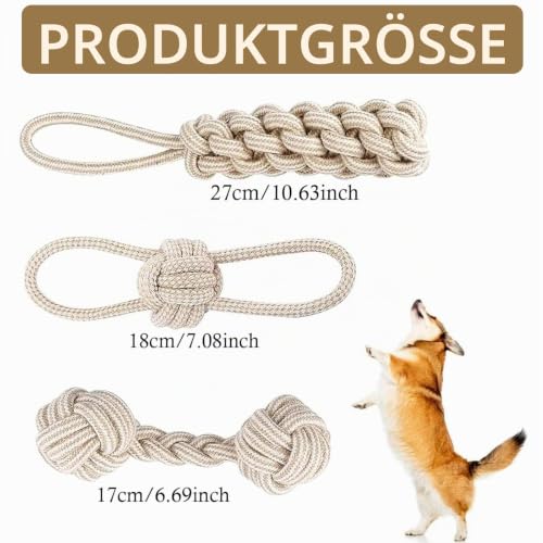 Bull Tiger Prestige 3 Stück Hundespielzeug Seil, Zerrspielzeug für Hunde aus Natürlicher Baumwolle, Interaktive Kauen Spielzeug mit Knoten Ball, Hundeseil Spielzeug für Mittelgroße Hunde kleine