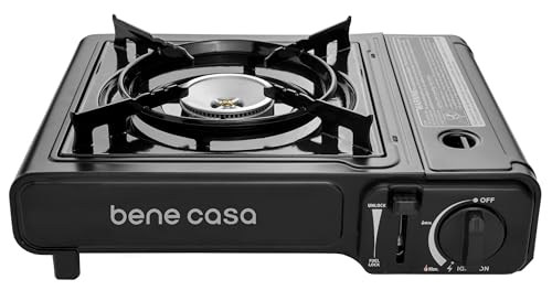 Bene Casa Portable Butane Burner 7,650 BTU | Safe & Efficient Cooking with Wind Guard & Safety Lock | Includes Portable Carrying Case