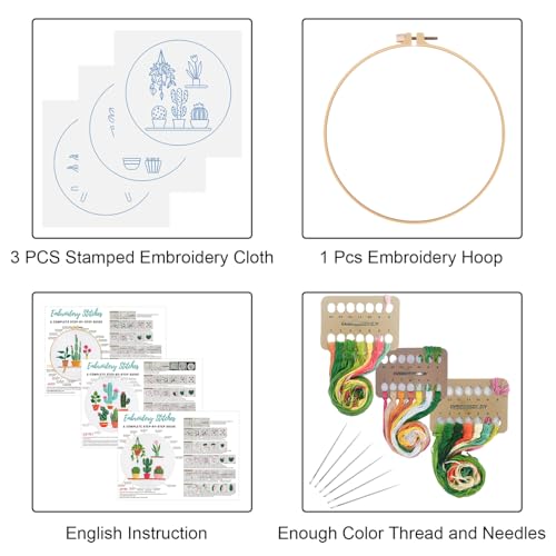 Image of Louise Maelys 3 Sets Cactus Embroidery Kits for Beginners,Cross Stitch Kit for Adults,Crewel Starters Needlepoint with Plants Pattern, Hoop and Instruction