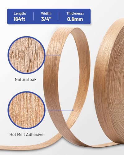 Image of Red Oak Edge Banding 3 /4 inch x 164 ft Real Wood Veneer Plywood Edge Banding Iron-on Pre-glued Veneer Edging Tape for Cabinet Repairs Furniture Restoration