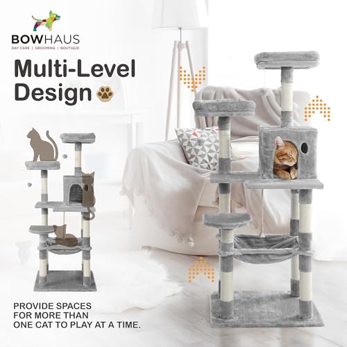 Image of BOWHAUS Tall Cat Tree for Indoor Large Cats or Kittens, Multi-Level Cat Activity Tree with Scratching Posts, Hammock, Cat Cave Condo, Modern Cute Small Cat Climbing Tower with Widened Perch