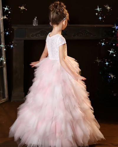 Tulle Flower Girl Dress with Beads Lace Appliques Short Sleeves Pageant Dresses for Girls Long Ball Gown Birthday Party Dress4