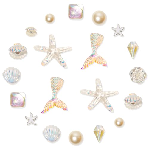 20Pcs White Ocean Beach Shoe Charms Starfish Fish Tail Shell Flower Pearl Shoe Accessories Summer Ocean Shoe Charms for Women Clog Sandal Shoe Decoration Charms for Party Favor Birthday Present