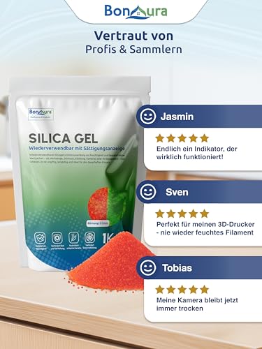 BonAura® 1kg Silica Gel - Silica Kugeln auch als Filament Trockner geeignet - Silikat Trockenmittel regenerierbar und wiederverwendbar - Im luftdichten ZIP Silicagel Beutel