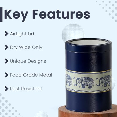 Image of Mandala Collection Airtight Kitchen Container Set| 1100ML- Set of 4| Food Grade Metal Jars for Dals, Millets, Pasta & Dry Food Storage| Vacuum Lid, Rust Resistant| Blue Elephant Canisters