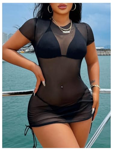 Women's Drawstring Ruched Swimsuit Coverup Short Sleeve Sheer Mesh Beach Dress Bathing Suit Cover Up3