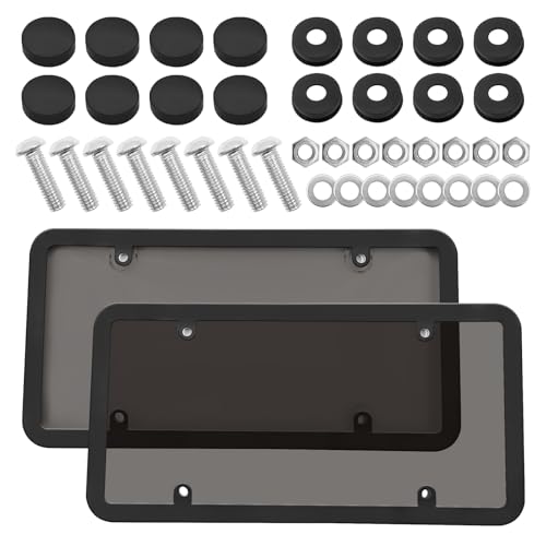 2 Pack License Plate Cover and Frames, ABS License Plate Protector, Front & Rear License Plate Holder with Screws Caps Accessories, Suitable for Any US Plates (Transparent-Grey)