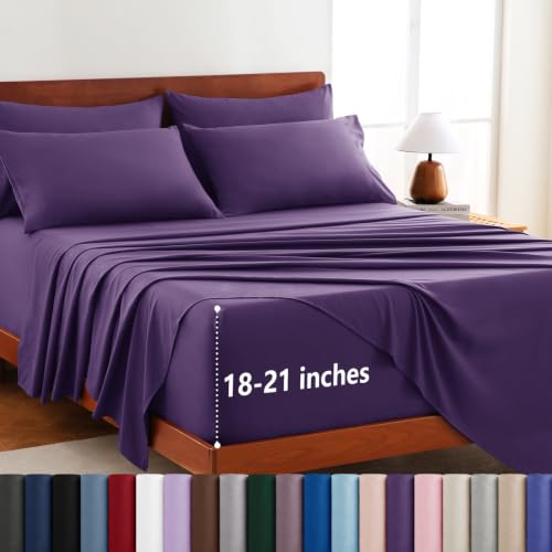 CozyLux Extra Deep Pocket King Size Sheets Set - 6 Piece Microfiber King Sheets Fits Mattress up to 21 Oeko-TEX Certified Breathable Bedroom Decor Bedding Easy & Secure Fit Purple