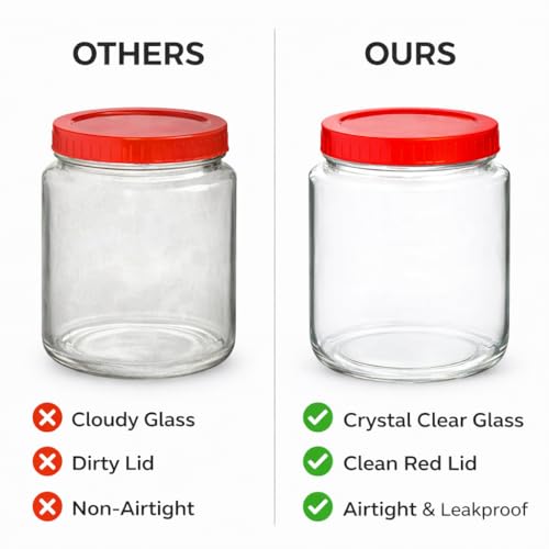 Image of 1000ml Glass Storage Jar with Airtight Red Lid, 1KG Kitchen Container for Rice, Pulses, Dry Fruits, Transparent Thick Glass Pantry Organizer