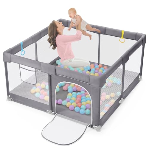 Image of Dripex Foldable Baby Playpen, 79 inchx59 inch Large Foldable Playpen for Babies and Toddlers, Baby Gate Playpen with 5 Handlers, Visible Play Yard for Baby, Indoor & Outdoor Toddler Play, Gray