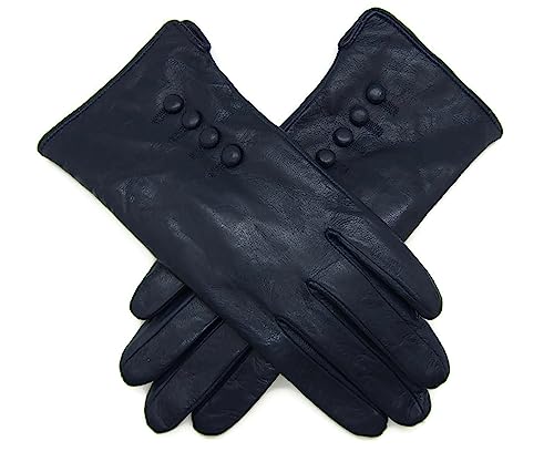 TheGloveHut Womens Genuine Soft Leather Gloves Fully Lined (Navy Blue, Large7.5)