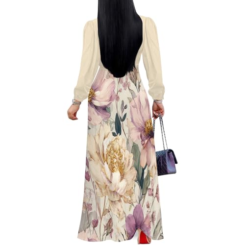 Image of Women's Plus Size Maxi Dresses Long Sleeves V Neck Floral Print Bohemian Swing Long Dress with Belt