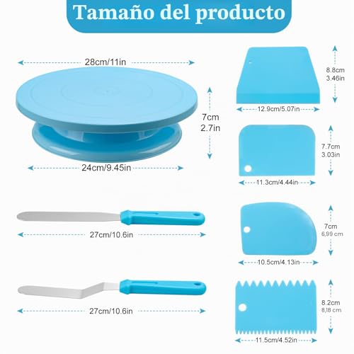 Miniatura 2 de Juyuanxin 1 Plato Giratorio Para Tartas, Plato Giratorio Decoración Pasteles, Decoración Pastel Kit, Accesorios Para Tartas, Con 2 Espátulas 6 , 4 Raspadores, 8 Mangas Pasteleras Con Boquillas Azul