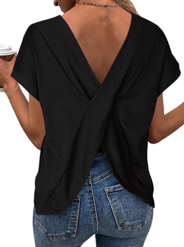 LilyCoco Women's Tie Dye Short Sleeve Shirt Criss Cross Back Tops Casual Loose Tee