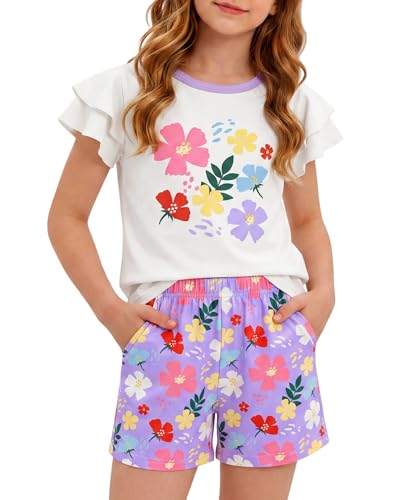 BiueLetter Girls Summer Outfits 2 Piece Ruffle Short Sleeve and Shorts Cute Clothing Sets 7-12 Years