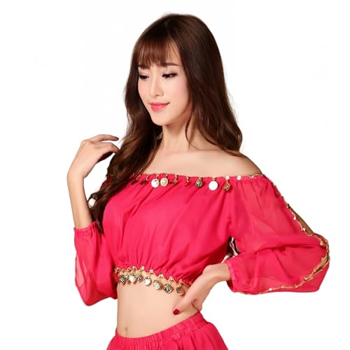 SamHeng Donne Top per Danza del Ventre, Monete Brillanti Maniche Lunghe Crop Top per Danza Tribale con Pizzo e Scollo Spalle Scoperte Abbigliamento per Spettacoli Festival e Carnevale‌, Rosa Accesso‌