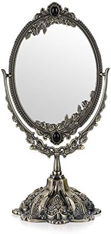 JUXYES Metal Tabletop Antique Decorative Makeup Mirror with Stand, Vintage Swivel Double Sided Cosmetic Mirror with Frame, Retro Desktop Oval Dressing Mirror for Bathroom Bedroom