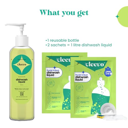 Image of Cleevo Dishwash Liquid Gel 1L Bottle Pack (2 Sachets makes 1 Litre) |Powder to Liquid | Removes Oil, Grease & Burnt Residue | Non-Toxic, Kids & Pet Safe Dishwashing Gel (Lime)