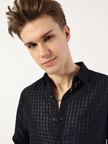 Image of Thomas Scott Men's | Solid | Textured Fabric | Full Sleeve | Slim Fit | Polyester-Blend | Spread Collar | Casual Shirt