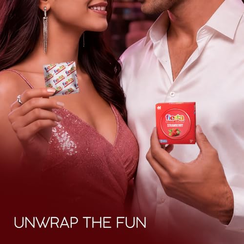 Image of Fiesta Strawberry Flavoured Condoms (12 Pcs) | Pack of 4 x 3 each | Extra Pleasure Dotted Condoms for Men | Dotted for Extra Stimulation | Fruity Strawberry Flavour Condom