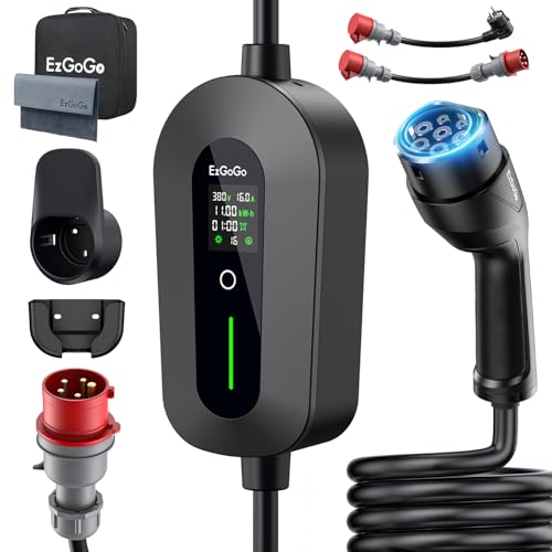 EzGoGo Mobile Wallbox 11kW Ladegerät Typ 2 (3-phasig) mit 7m Ladekabel CEE 16A auf Typ 2 inkl. Komfort-Adapter-Set | EV Ladestation [6/8/10/13/16A] | Hochwertiger IP65 Schutz | Für EVs & PHEVs