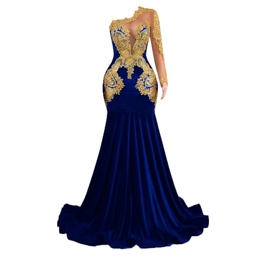 Datangep Black Velvet Prom Gown One Shoulder Mermaid Evening Dress Gold Applique Celebrity Pageant Formal Party Gown