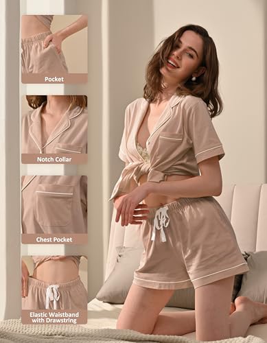 Image of NAP BOUND 100% Cotton Women Pajama Sets Button Down Short Sleeve Sleepwear Soft Pjs 2 Piece Lounge Set with Pocket XS-XXL