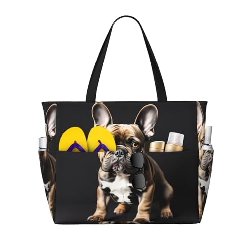 SDEGTHO MDATT - Borsa da spiaggia da donna, con orecchie lunghe, bulldog francese, grande borsa da spiaggia con cerniera, Nero, taglia unica